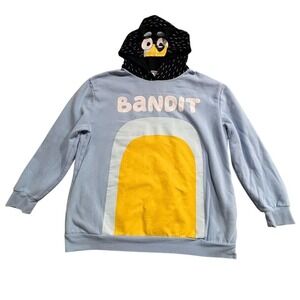 Bandit Light Blue Hoodie with Yellow Arch & Fun Character Hood Size L Unisex